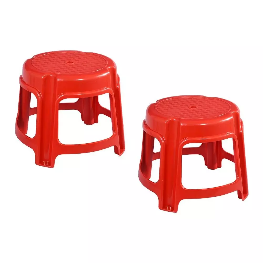 Swagath Bathroom Stool Round Shape 4 Legs Plastic Glossy Finish 80 Kg Load Capacity Red for Bathroom Use, PS-03 (Pack of 2 Pcs)