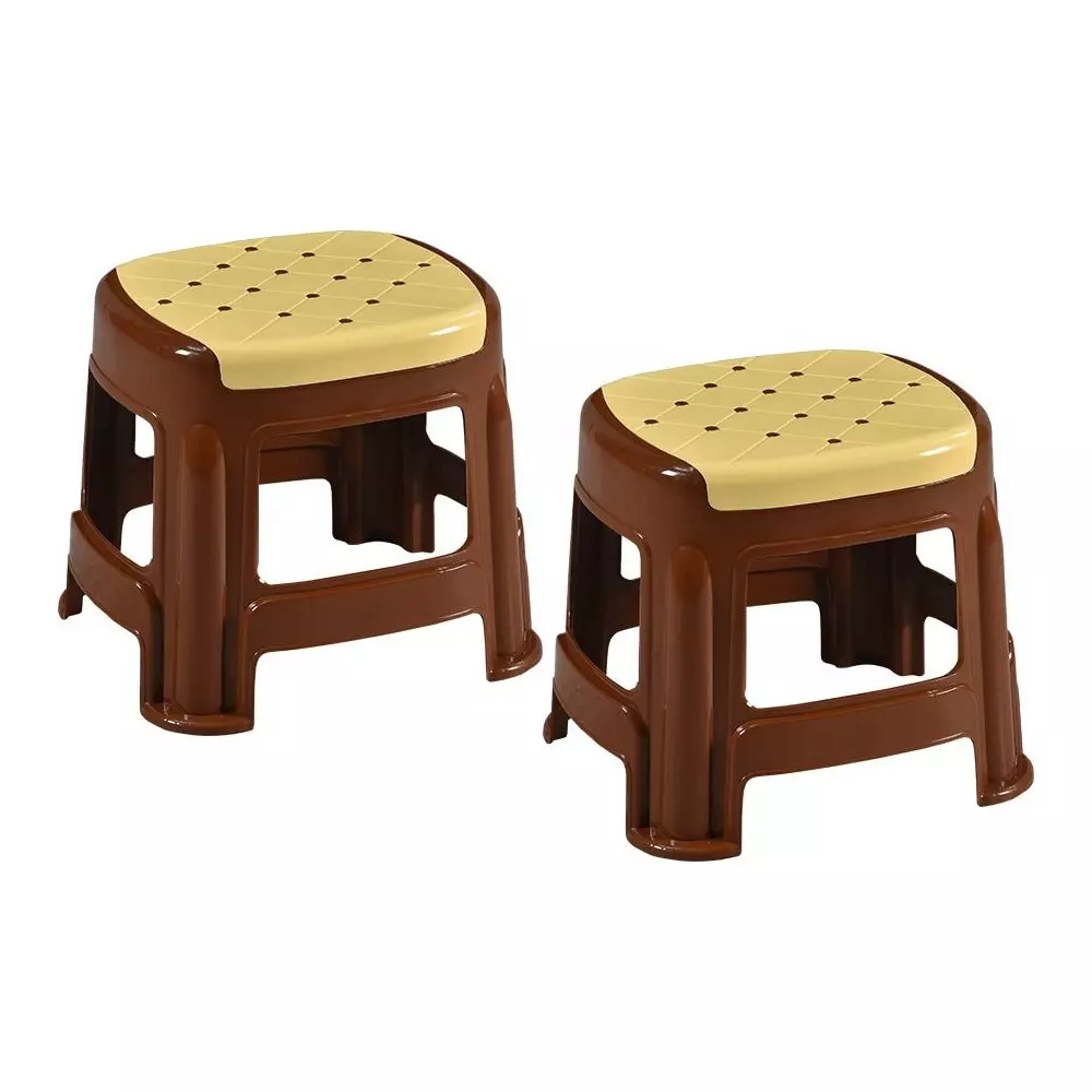 Swagath Stool Rectangle Shape 4 Legs Plastic Glossy Finish 70 Kg Load Capacity Ivory Seat with Saddle Brown Body, COSMO M (Pack of 2 Pcs)