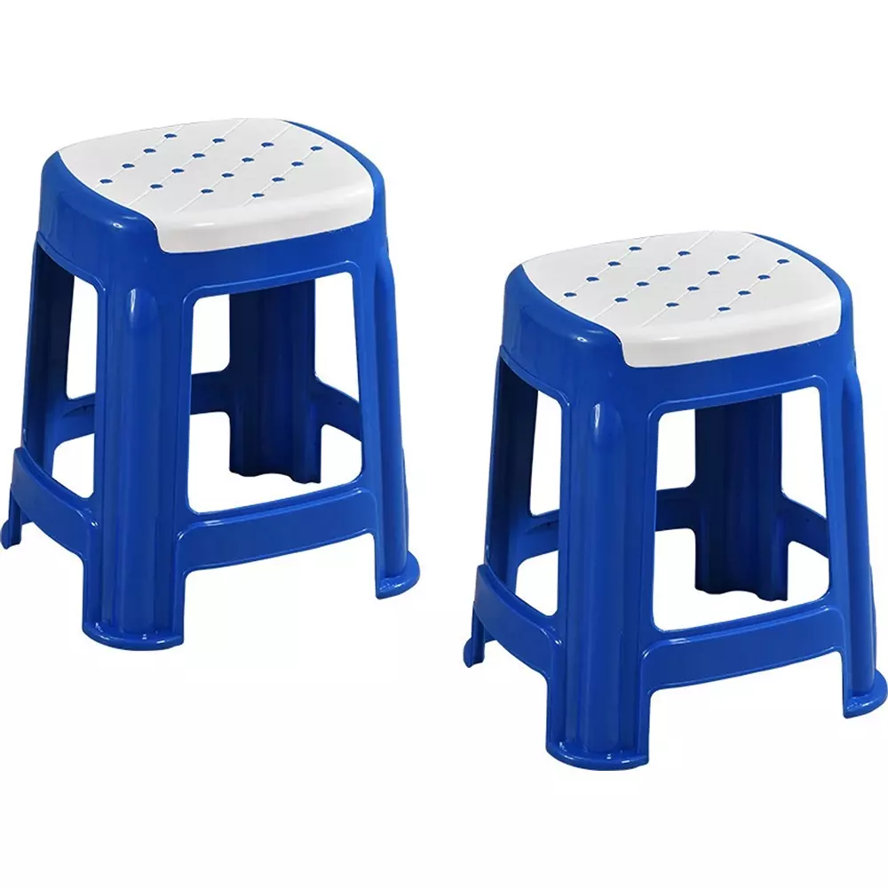 Swagath Stool Plastic 45x29.5x29.5 cm Size 1.2 Kg White Seat With Blue Body Pre-Assembled for Cafeteria, Kitchen, Household Work And Outdoor Use (Pack of 2 Pcs)