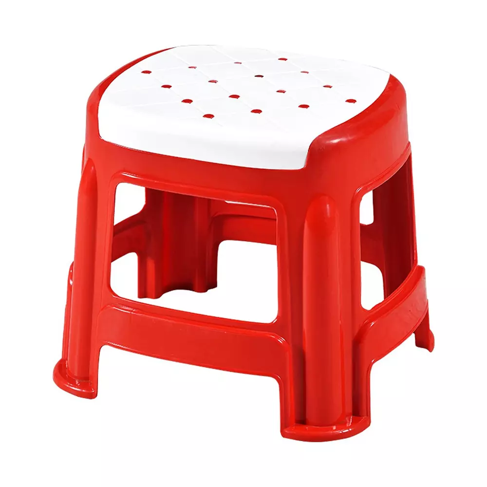 Swagath Stool Plastic 27x31.5x28 cm Size 530 g White Seat With Red Body Pre-Assembled for Cafeteria, Kitchen, Household Work And Outdoor Use