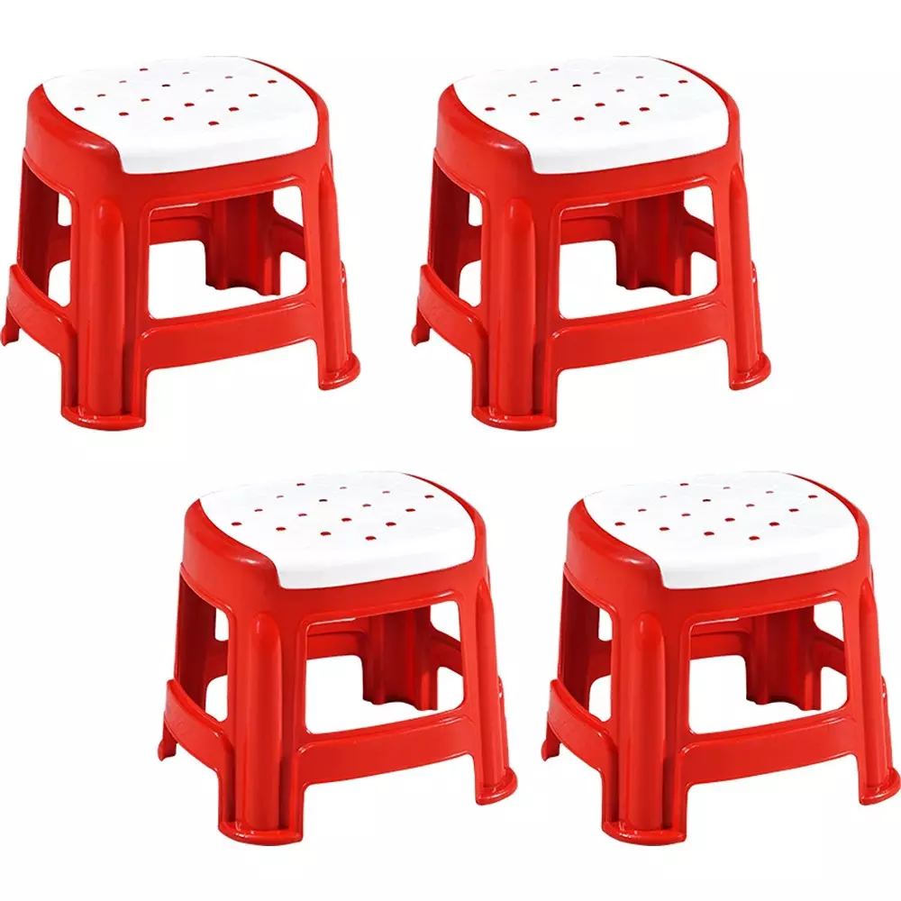 Swagath Stool Plastic 27x31.5x28 cm Size 530 g White Seat With Red Body Pre-Assembled for Cafeteria, Kitchen, Household Work And Outdoor Use (Pack of 4 Pcs)