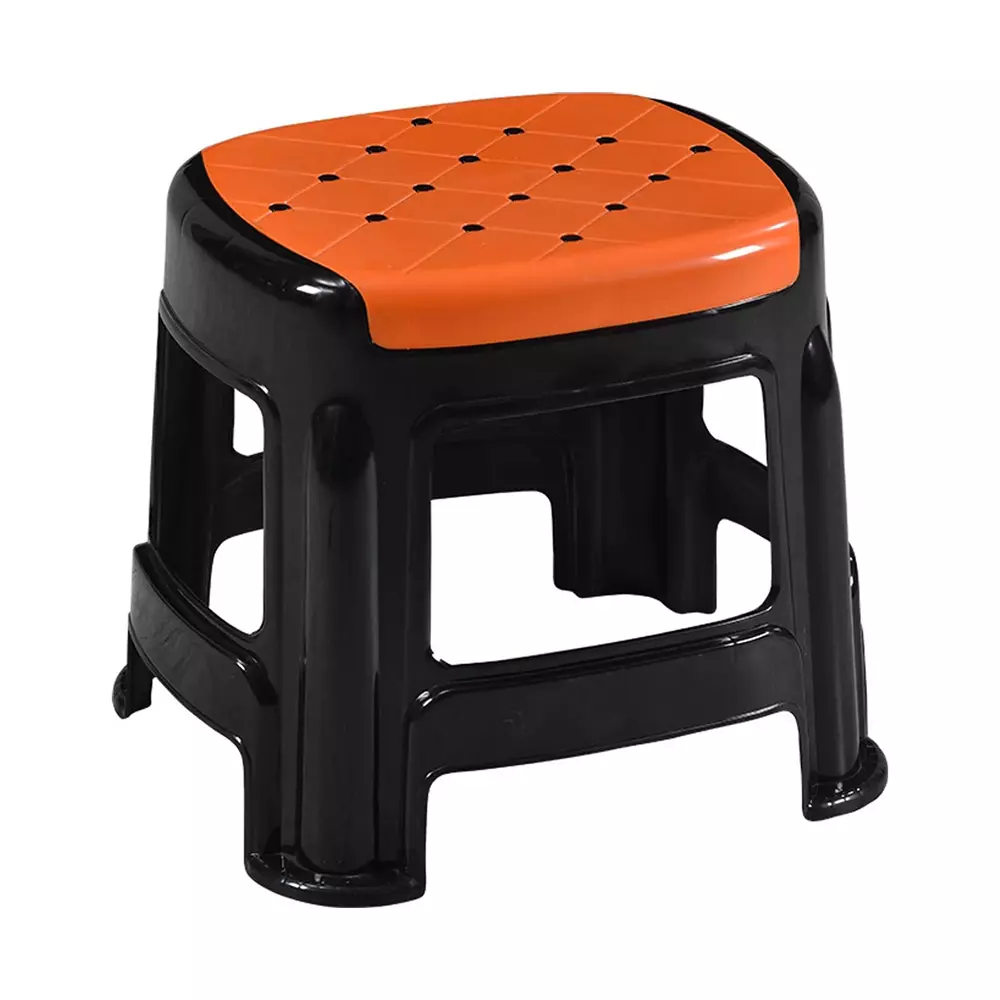 Swagath Stool Plastic 27x31.5x28 cm Size 530 g Orange Seat With Black Body Pre-Assembled for Cafeteria, Kitchen, Household Work And Outdoor Use