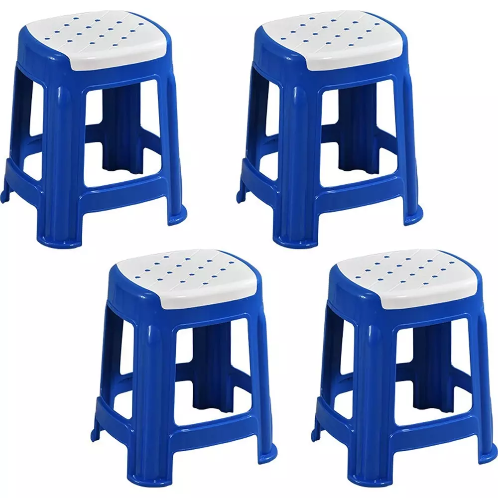 Swagath Stool Plastic 45x29.5x29.5 cm Size 1.2 Kg White Seat With Blue Body Pre-Assembled for Cafeteria, Kitchen, Household Work And Outdoor Use (Pack of 4 Pcs)
