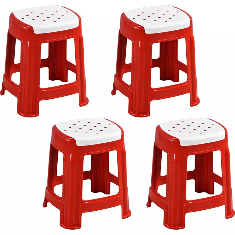 Swagath Stool Plastic 45x29.5x29.5 cm Size 1.2 Kg White Seat With Red Body Pre-Assembled for Cafeteria, Kitchen, Household Work And Outdoor Use (Pack of 4 Pcs)