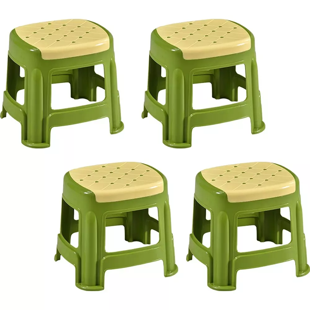 Swagath Stool Plastic 27x31.5x28 cm Size 530 g Ivory Seat With Green Body Pre-Assembled for Cafeteria, Kitchen, Household Work And Outdoor Use (Pack of 4 Pcs)