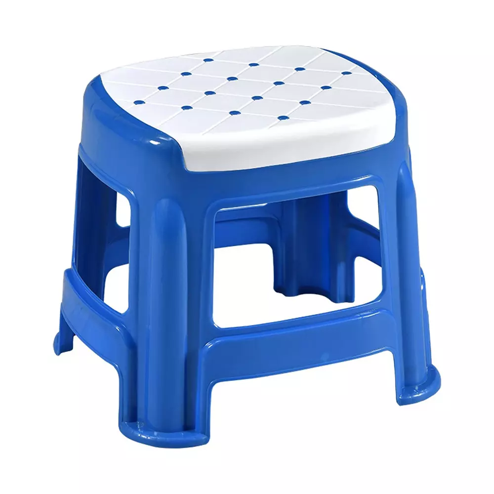 Swagath Stool Plastic 27x31.5x28 cm Size 530 g White Seat With Blue Body Pre-Assembled for Cafeteria, Kitchen, Household Work And Outdoor Use