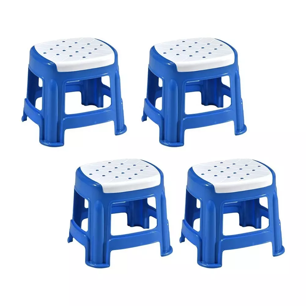 Swagath Stool Rectangle Shape 4 Legs Plastic Glossy Finish 70 Kg Load Capacity White Seat with Blue Body, COSMO M (Pack of 4 Pcs)
