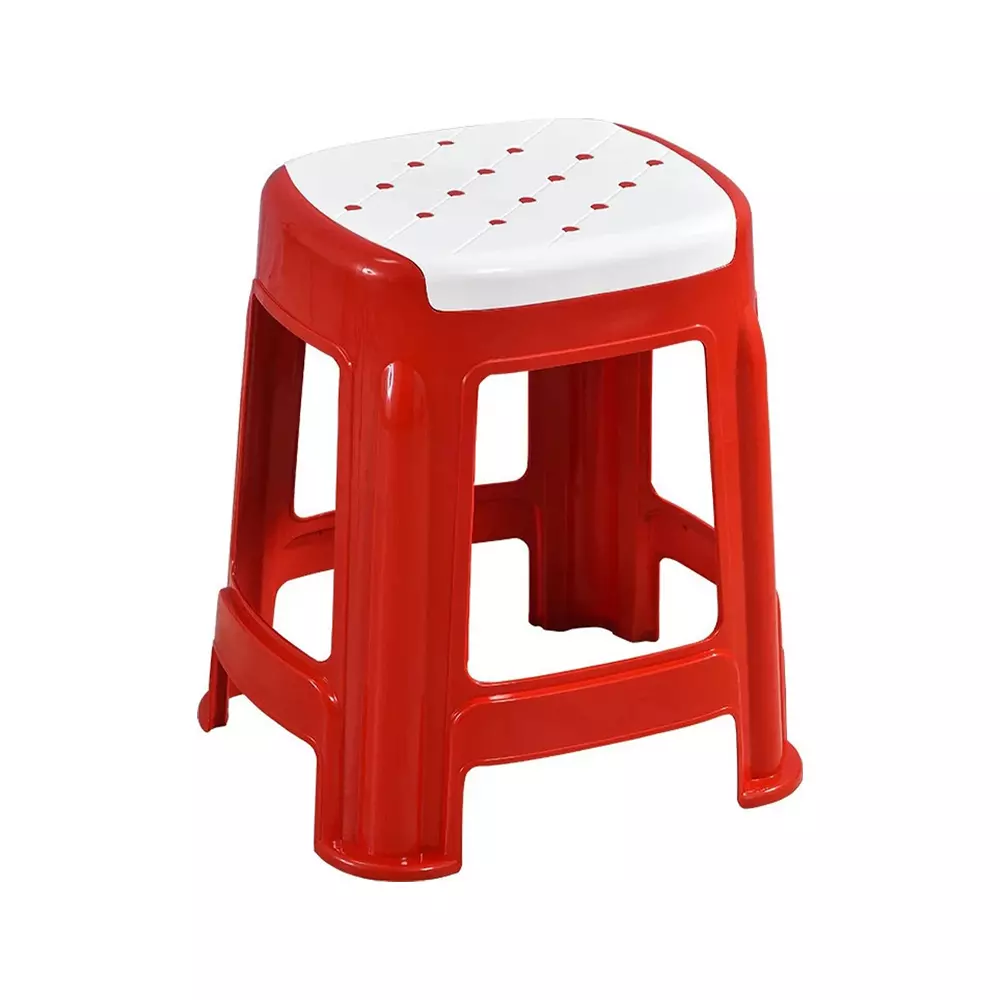 Swagath Stool Plastic 45x29.5x29.5 cm Size 1.2 Kg White Seat With Red Body Pre-Assembled for Cafeteria, Kitchen, Household Work And Outdoor Use