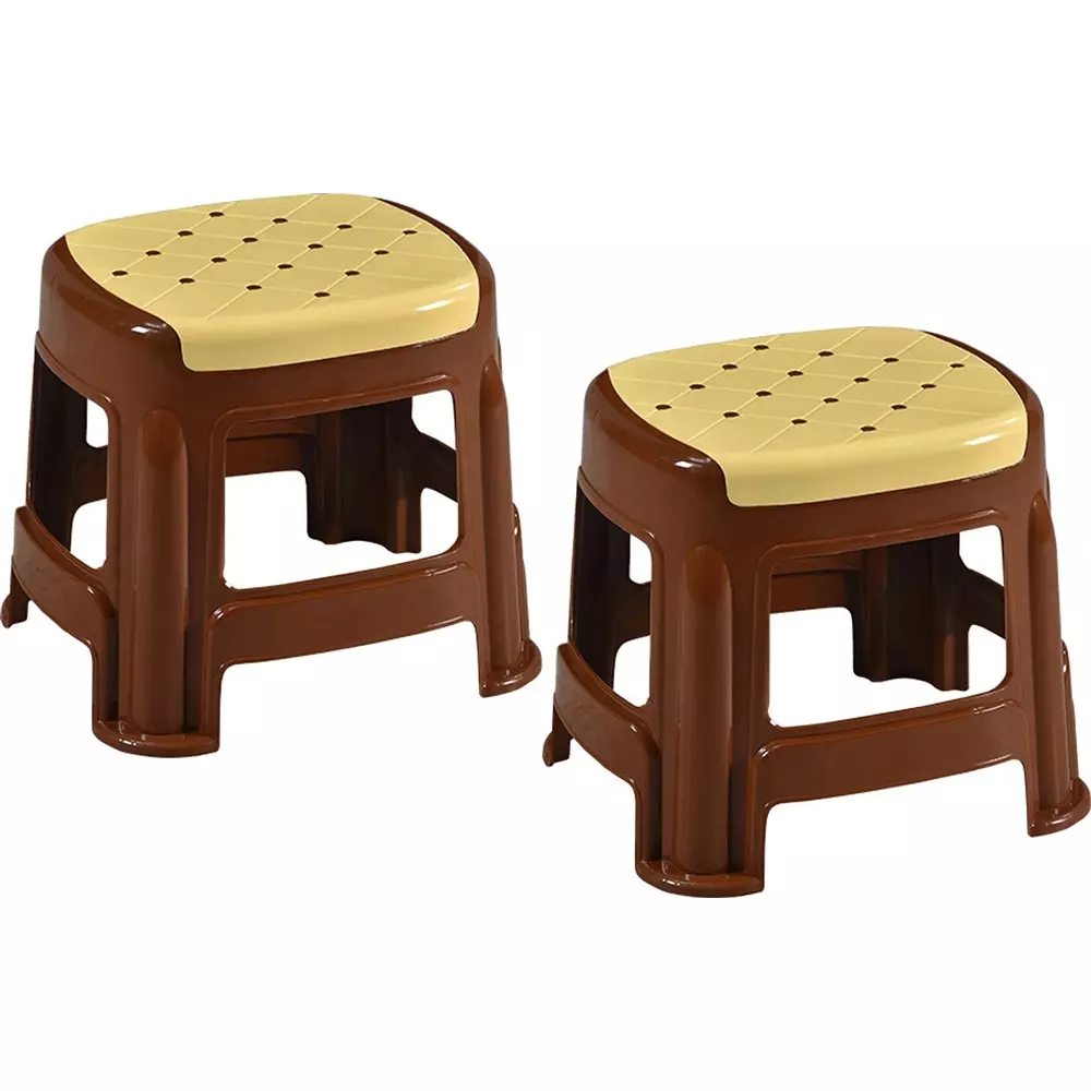Swagath Stool Plastic 27x31.5x28 cm Size 530 g Ivory Seat With Brown Body Pre-Assembled for Cafeteria, Kitchen, Household Work And Outdoor Use (Pack of 2 Pcs)