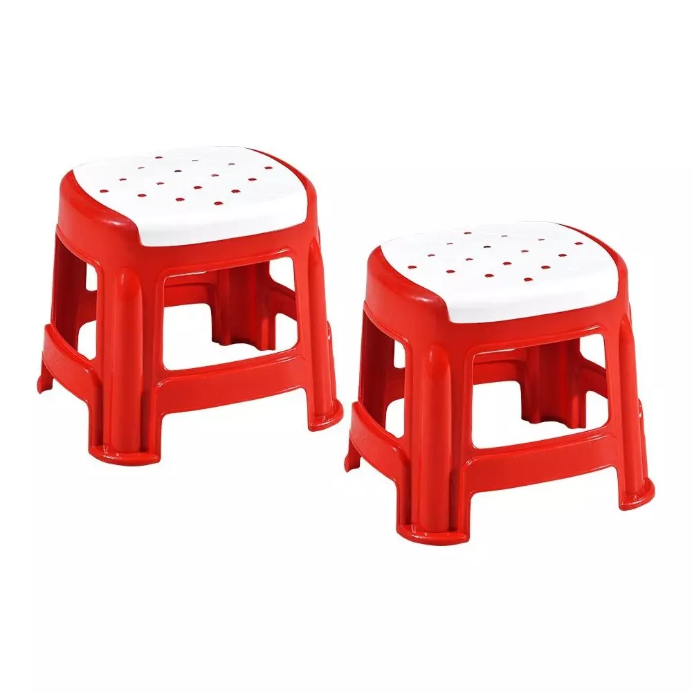 Swagath Stool Rectangle Shape 4 Legs Plastic Glossy Finish 70 Kg Load Capacity White Seat with Red Body, COSMO M (Pack of 2 Pcs)
