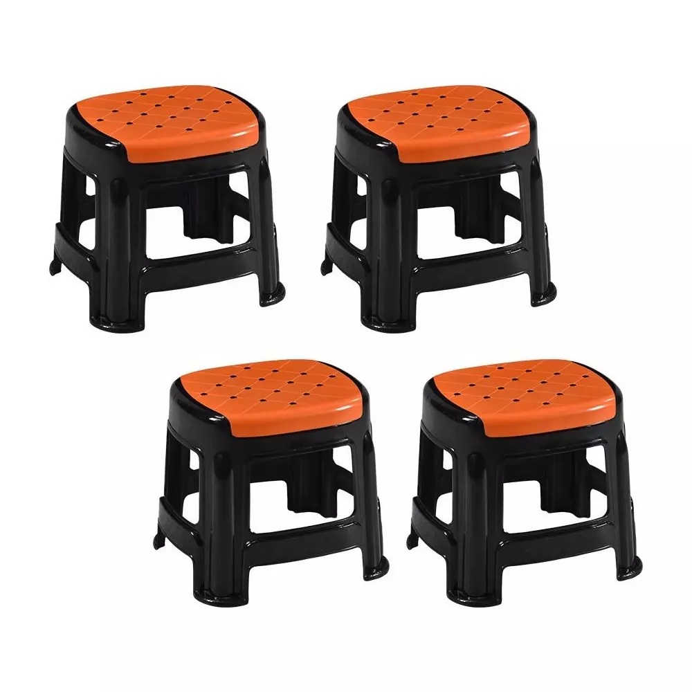 Swagath Stool Rectangle Shape 4 Legs Plastic Glossy Finish 70 Kg Load Capacity Orange Seat with Black Body, COSMO M (Pack of 4 Pcs)