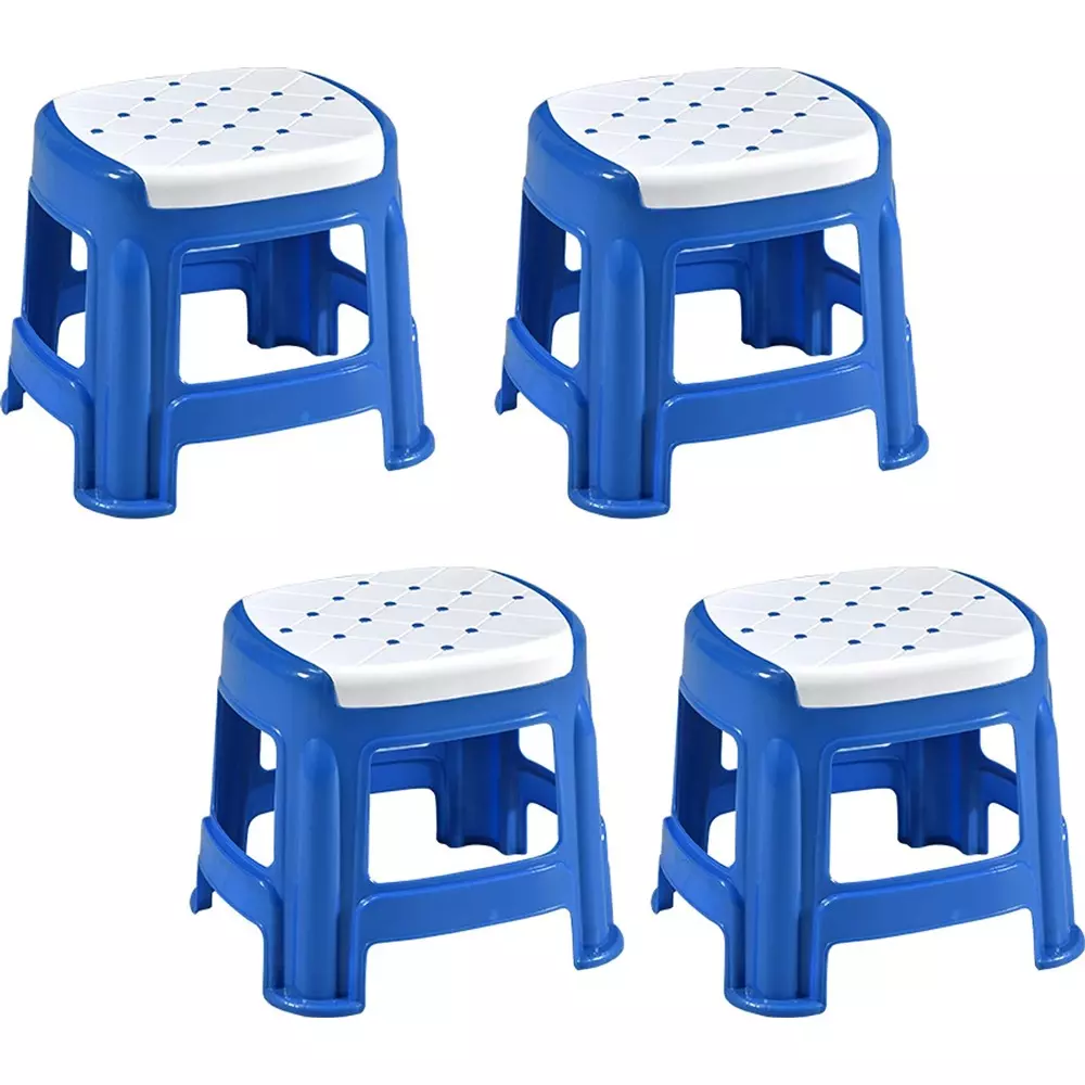 Swagath Stool Plastic 27x31.5x28 cm Size 530 g White Seat With Blue Body Pre-Assembled for Cafeteria, Kitchen, Household Work And Outdoor Use (Pack of 4 Pcs)