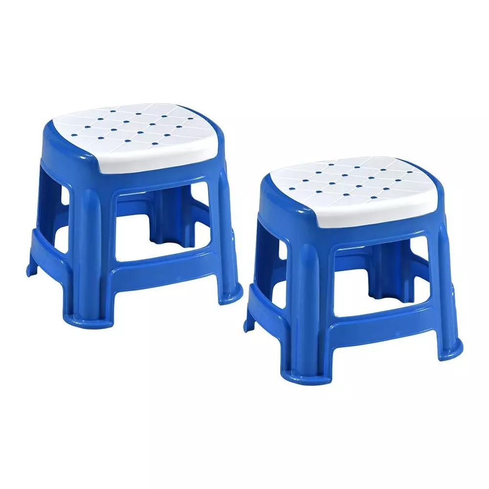 Swagath Stool Rectangle Shape 4 Legs Plastic Glossy Finish 70 Kg Load Capacity White Seat with Blue Body, COSMO M (Pack of 2 Pcs)