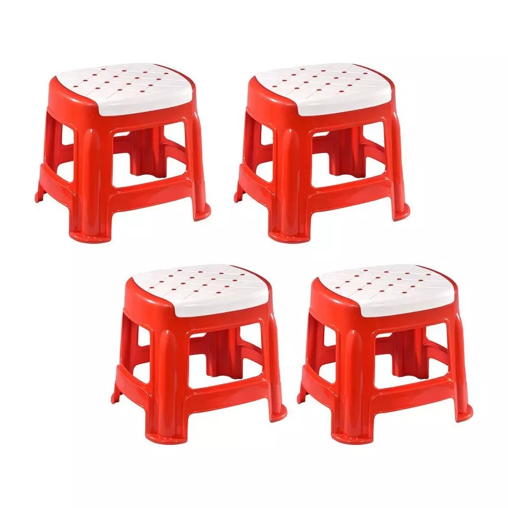 Swagath Stool Rectangle Shape 4 Legs Plastic Glossy Finish 70 Kg Load Capacity White Seat with Red Body, COSMO M (Pack of 4 Pcs)