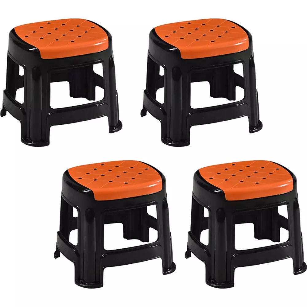 Swagath Stool Plastic 27x31.5x28 cm Size 530 g Orange Seat With Black Body Pre-Assembled for Cafeteria, Kitchen, Household Work And Outdoor Use (Pack of 4 Pcs)