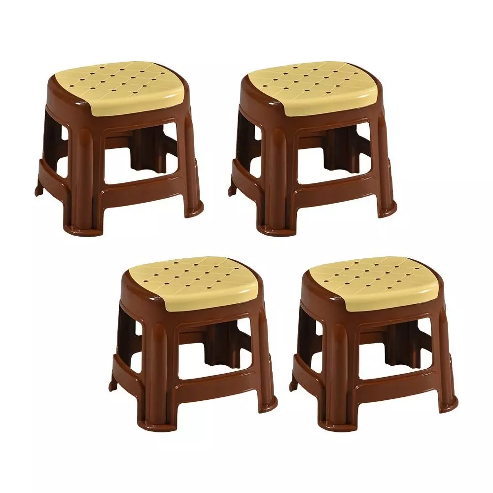 Swagath Stool Rectangle Shape 4 Legs Plastic Glossy Finish 70 Kg Load Capacity Ivory Seat with Saddle Brown Body, COSMO M (Pack of 4 Pcs)