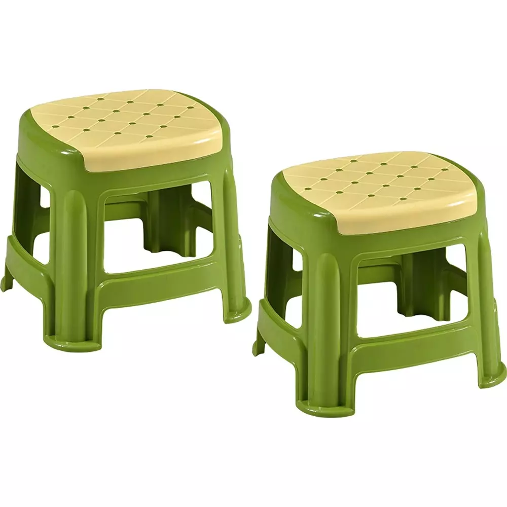 Swagath Stool Plastic 27x31.5x28 cm Size 530 g Ivory Seat With Green Body Pre-Assembled for Cafeteria, Kitchen, Household Work And Outdoor Use (Pack of 2 Pcs)