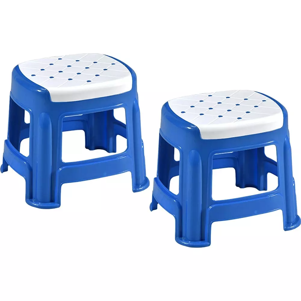 Swagath Stool Plastic 27x31.5x28 cm Size 530 g White Seat With Blue Body Pre-Assembled for Cafeteria, Kitchen, Household Work And Outdoor Use (Pack of 2 Pcs)