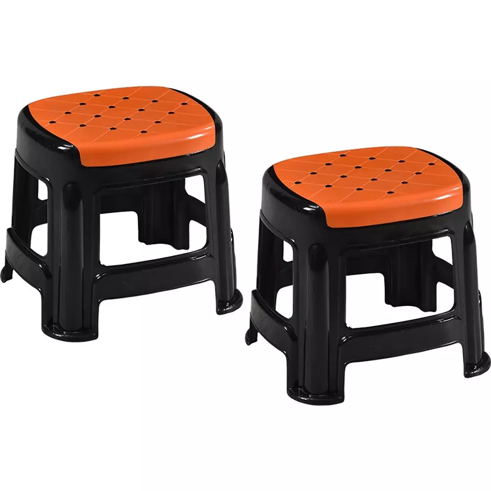 Swagath Stool Plastic 27x31.5x28 cm Size 530 g Orange Seat With Black Body Pre-Assembled for Cafeteria, Kitchen, Household Work And Outdoor Use (Pack of 2 Pcs)