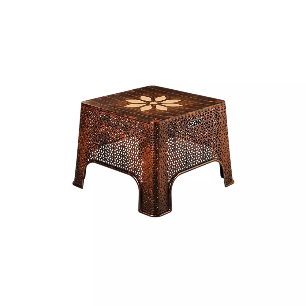Maharaja Magic Plastic Decorative Stool Square Shape Stylish Flower Design, Teakwood