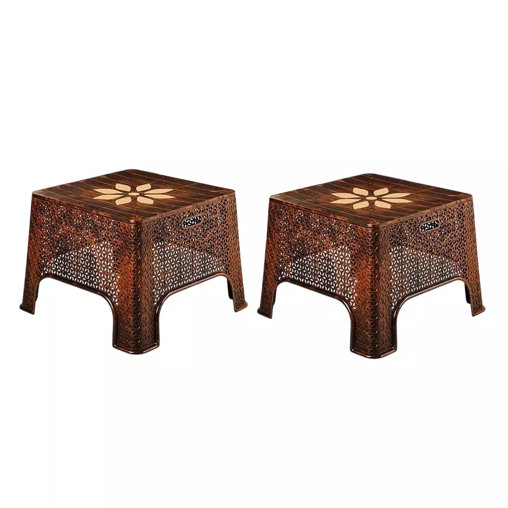 Maharaja Magic Plastic Decorative Stool Square Shape Stylish Flower Design, Teakwood (Pack of 2 Pcs)