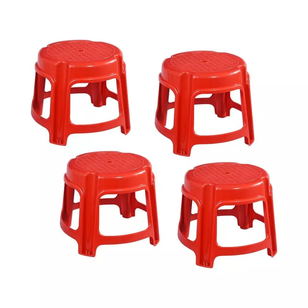 Swagath Bathroom Stool Round Shape 4 Legs Plastic Glossy Finish 80 Kg Load Capacity Red for Bathroom Use, PS-03 (Pack of 4 Pcs)