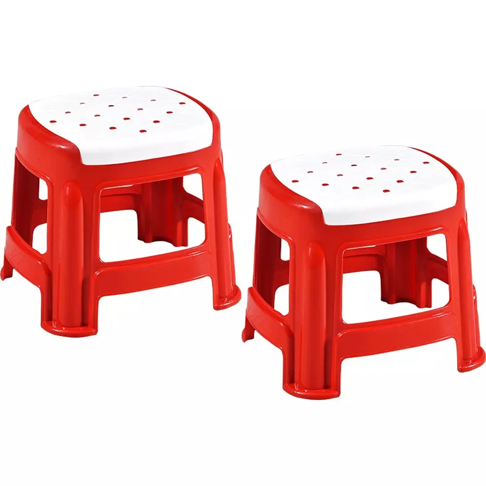 Swagath Stool Plastic 27x31.5x28 cm Size 530 g White Seat With Red Body Pre-Assembled for Cafeteria, Kitchen, Household Work And Outdoor Use (Pack of 2 Pcs)