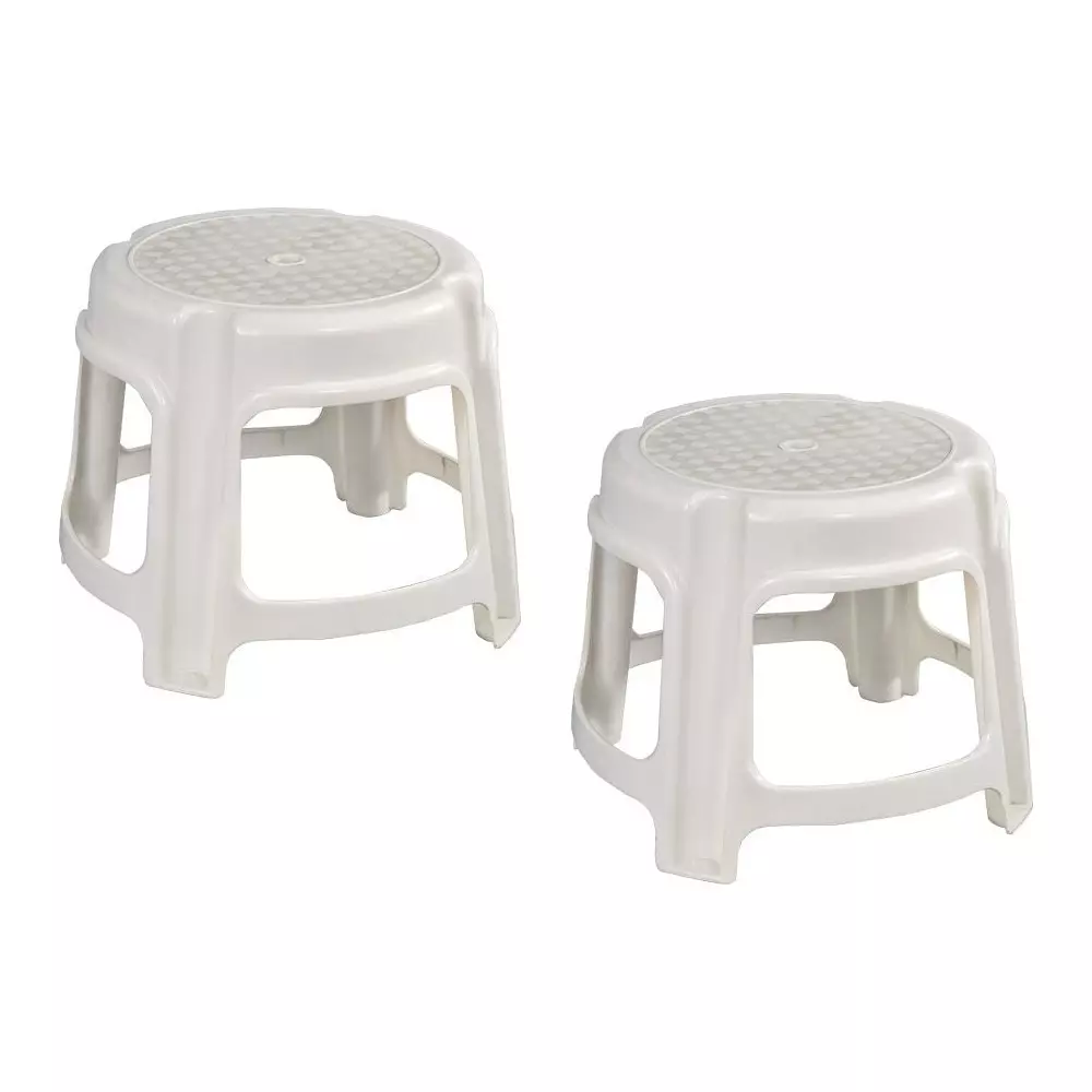 Swagath Bathroom Stool Round Shape 4 Legs Plastic Glossy Finish 80 Kg Load Capacity White for Bathroom Use, PS-03 (Pack of 2 Pcs)