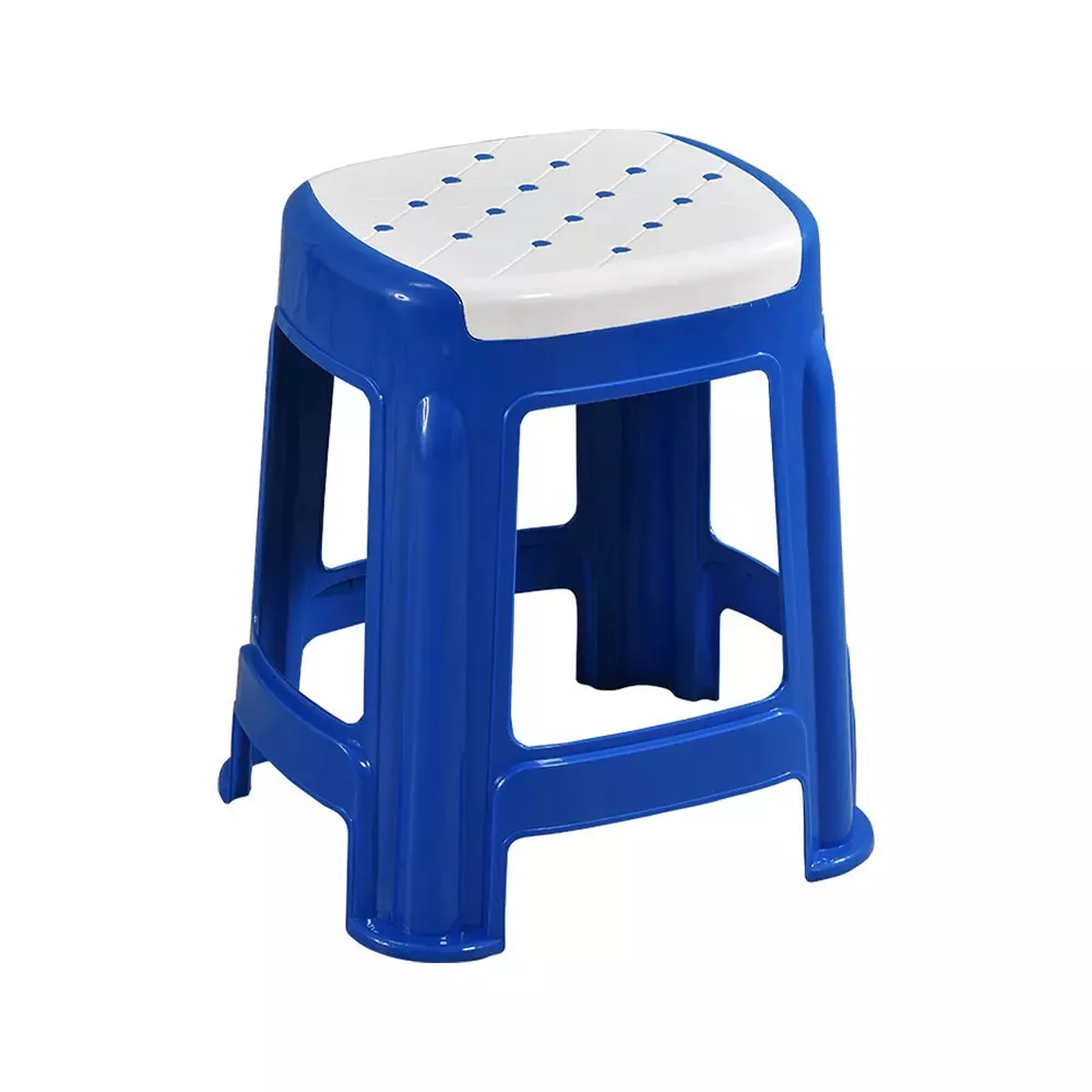 Swagath Stool Plastic 45x29.5x29.5 cm Size 1.2 Kg White Seat With Blue Body Pre-Assembled for Cafeteria, Kitchen, Household Work And Outdoor Use