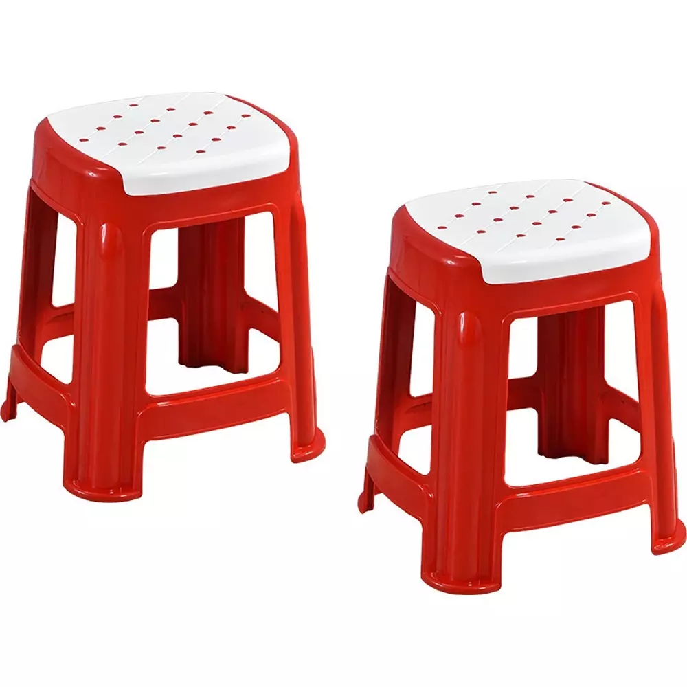 Swagath Stool Plastic 45x29.5x29.5 cm Size 1.2 Kg White Seat With Red Body Pre-Assembled for Cafeteria, Kitchen, Household Work And Outdoor Use (Pack of 2 Pcs)