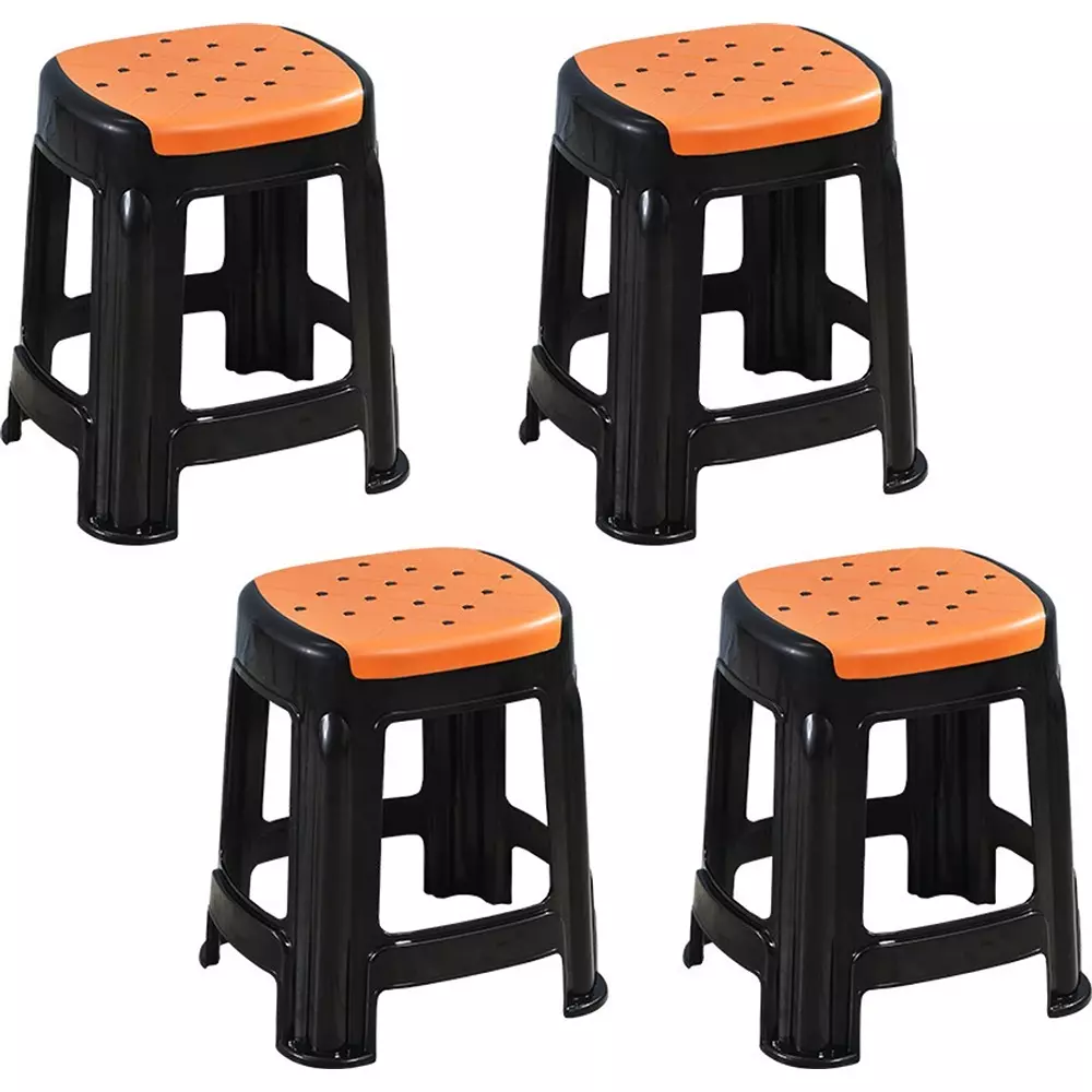 Swagath Stool Plastic 45x29.5x29.5 cm Size 1.2 Kg Orange Seat With Black Body Pre-Assembled for Cafeteria, Kitchen, Household Work And Outdoor Use (Pack of 4 Pcs)