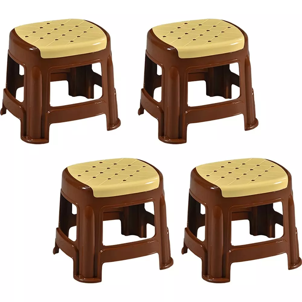 Swagath Stool Plastic 27x31.5x28 cm Size 530 g Ivory Seat With Brown Body Pre-Assembled for Cafeteria, Kitchen, Household Work And Outdoor Use (Pack of 4 Pcs)
