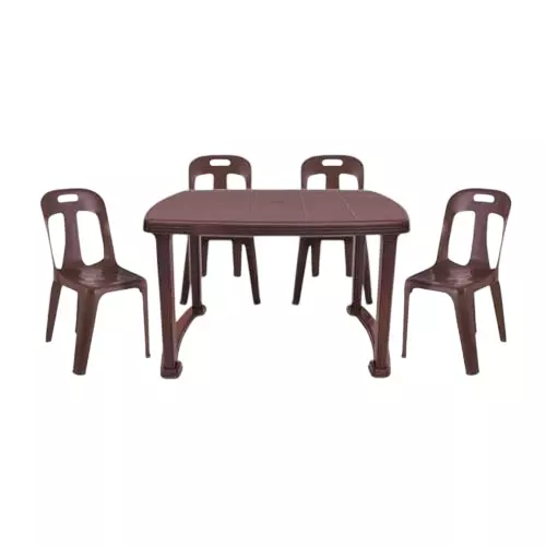 Maharaja Crysta 4 Seater Chair With Armrest & Dining Table Kit Brown Plastic for Home, School, Garden & Office, Din_Crysta_Brown-4