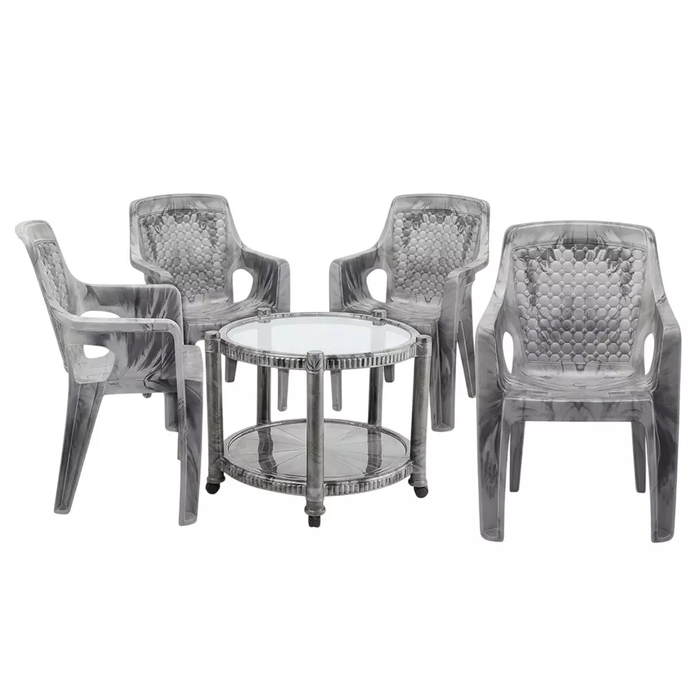 Maharaja Chair With Armrest & Table Kit Elegant Design Silver Plastic for Home, School, Garden & Office, T5_Safari111-Silver-PK4
