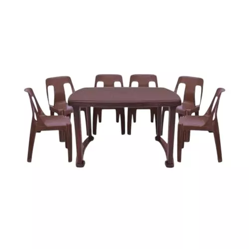 Maharaja Bahubali 6 Chair With Armless & Dining Table Kit Brown Plastic Medium Back Style for Home, School, Garden & Office, Din_Bahubali_Brown-6