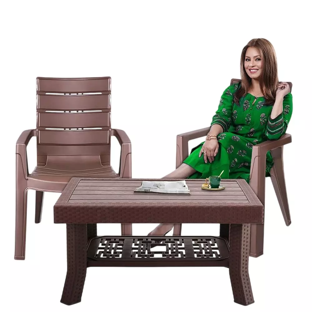 Maharaja Premium Polo Table & Crown Chair Set Plastic Durable & Weather Resistant, Brown (1 Table, 2 Chairs)