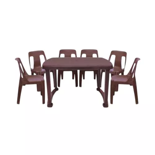 Maharaja Bahubali 6 Seater Chair With Armrest & Dining Table Kit Brown Plastic for Home, School, Garden & Office, Din_Bahubali_Brown-6