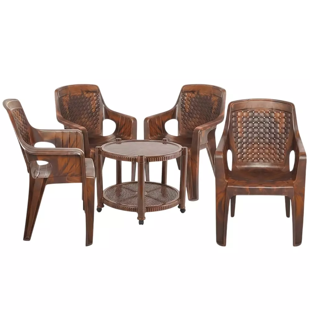 Maharaja Chair With Armrest & Table Kit Elegant Design Teakwood Plastic for Home, School, Garden & Office, T5_Safari111-Teakwood-PK4