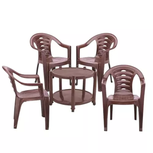 Maharaja Chair With Armrest & Matching Table Kit Stylish & Sturdy Brown Plastic for Home, School, Garden & Office, T5_Sunrise-Brown-PK4