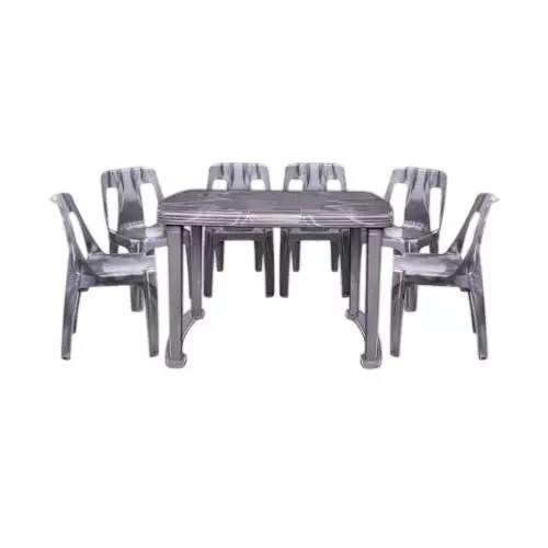 Maharaja Bahubali 6 Chair With Armless & Dining Table Kit Silver Plastic Medium Back Style for Home, School, Garden & Office, Din_Bahubali_Silver-6