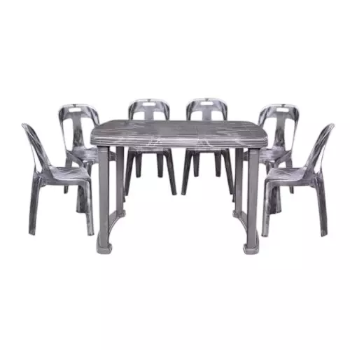 Maharaja Crysta 6 Chair With Armless & Dining Table Kit Silver Plastic Medium Back Style for Home, School, Garden & Office, Din_Crysta_Silver-6