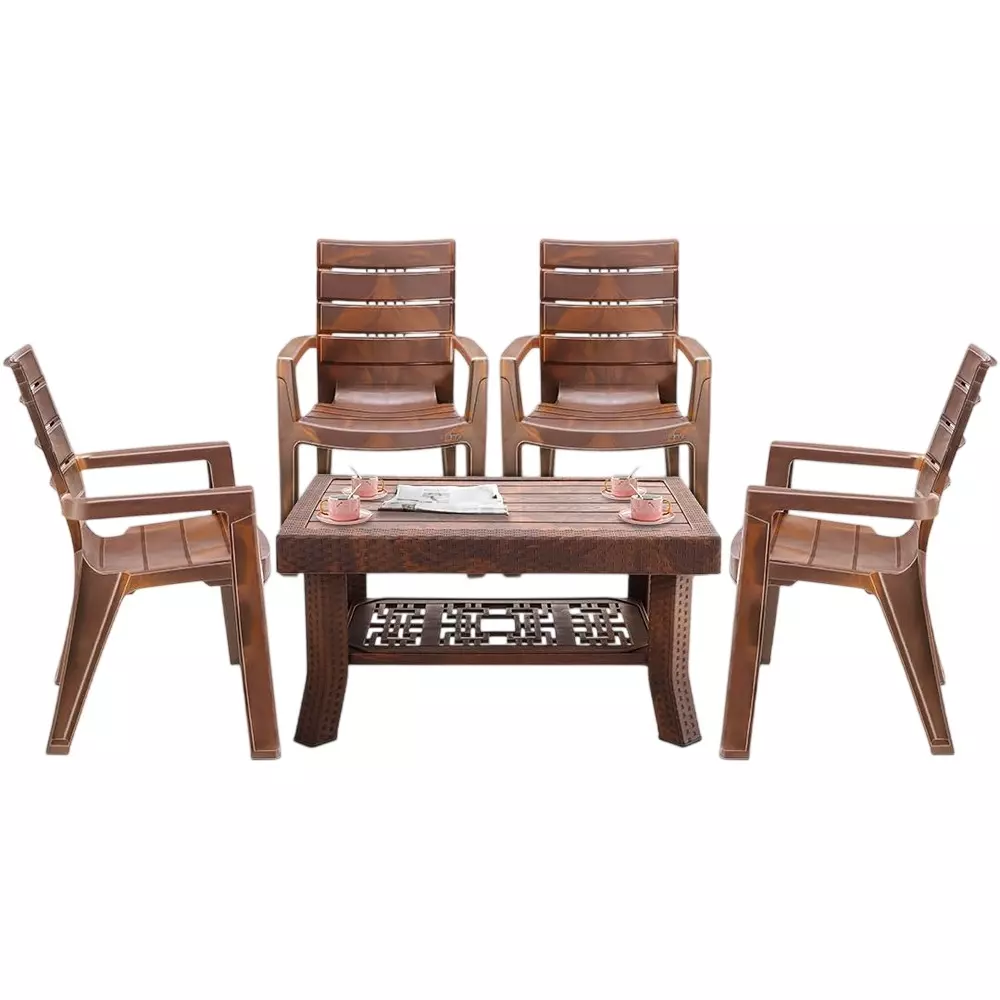 Maharaja Premium Polo Table & Crown Chair Set Plastic Durable & Weather Resistant, Teakwood (1 Table, 4 Chairs)