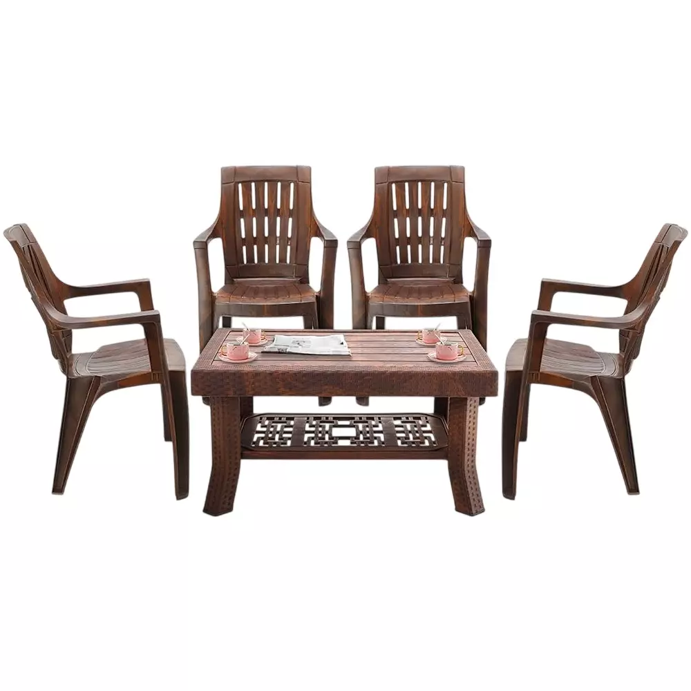 Maharaja Classic Polo Table & Omega Chair Set Plastic Elegant Design & Sturdy Build, Teakwood (1 Table, 4 Chairs)