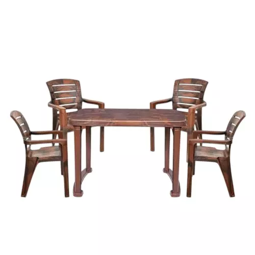 Maharaja 4 Seater CChair With Armrest & Dining Table Kit Teakwood Plastic for Home, School, Garden & Office, Din_101_Teakwood-4