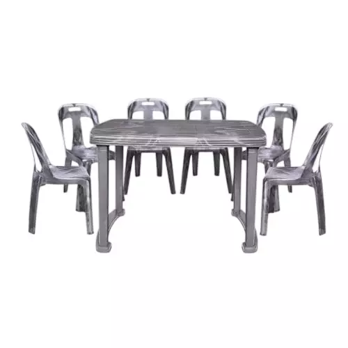 Maharaja Crysta 6 Seater Chair With Armrest & Dining Table Kit Silver Plastic for Home, School, Garden & Office, Din_Crysta_Silver-6