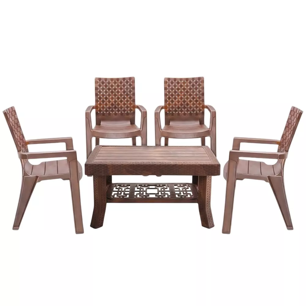 Maharaja Luxury Chair With Armrest & Table Kit Heavy-Duty & Sleek Design Teakwood Plastic for Home, School, Garden & Office, Polo_Matrix-Teakwood-PK4