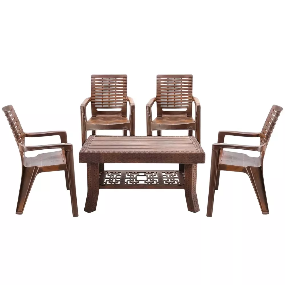 Maharaja Singham Chair With Armrest & Table Kit Premium Design Teakwood Plastic for Home, School, Garden & Office, Polo_Singham102-Teakwood-PK4