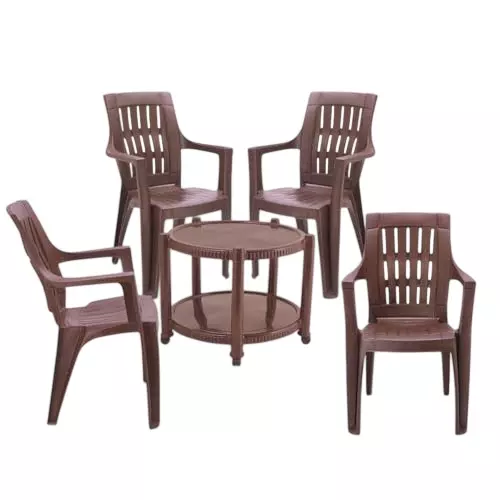 Maharaja Chair With Armrest & Table Kit Space Saving Design Brown Plastic for Home, School, Garden & Office, T5_Omega-Brown-PK4
