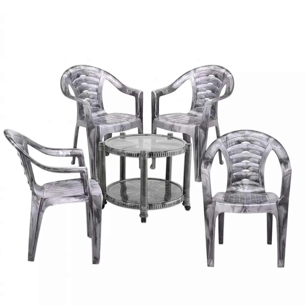 Maharaja Chair With Armrest & Matching Table Kit Stylish & Sturdy Silver Plastic for Home, School, Garden & Office, T5_Sunrise-Silver-PK4