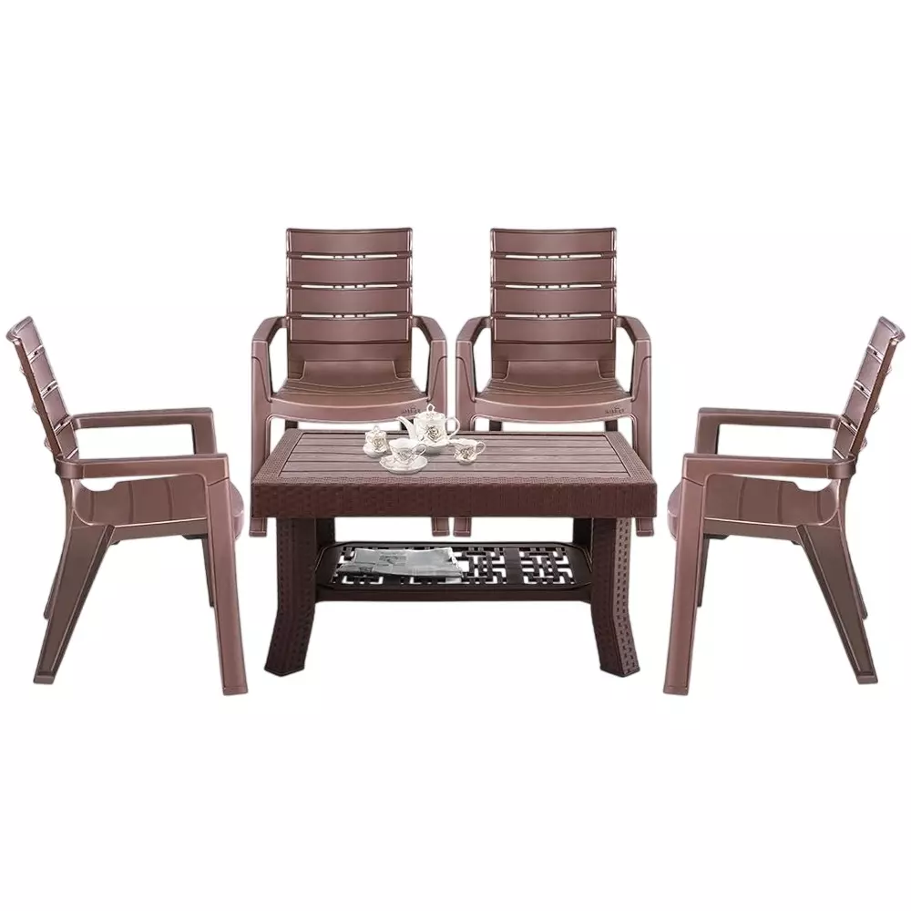 Maharaja Premium Polo Table & Crown Chair Set Plastic Durable & Weather Resistant, Brown (1 Table, 4 Chairs)